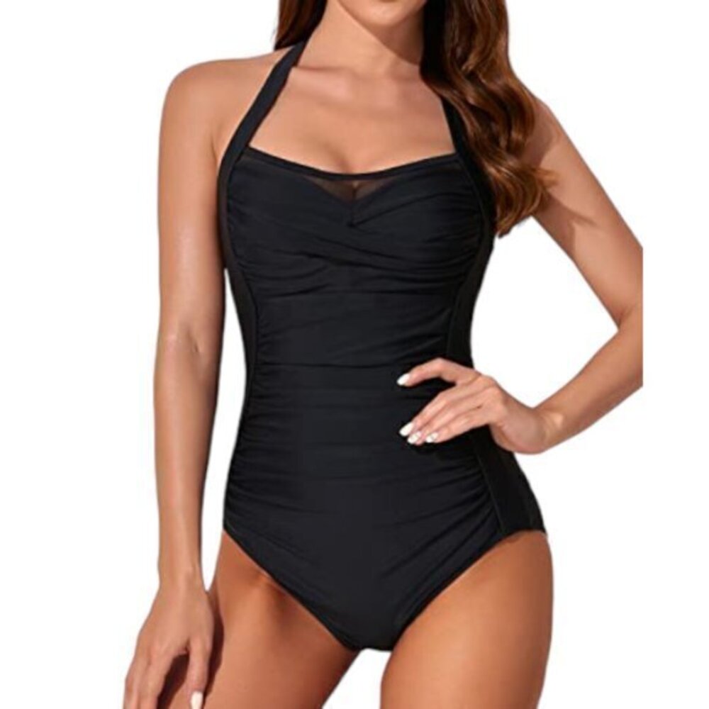 Sweetheart Neck Mesh Ruched Black Tummy Control Halter Swimsuit Small NWT #1088